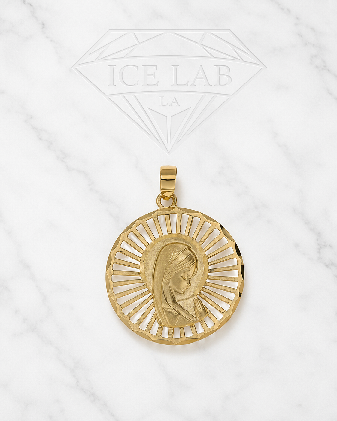 14K Gold Virgin Mary Sunburst Pendant