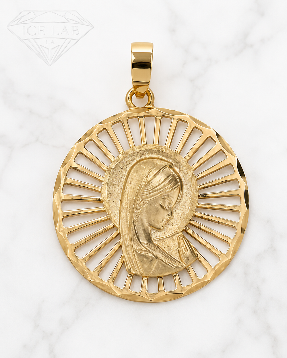 14K Gold Virgin Mary Sunburst Pendant